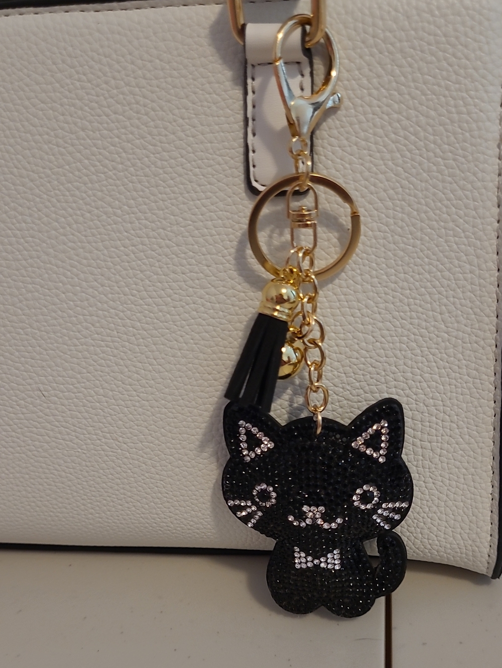 Black Rhinestone Cat Keychain Charm with Gold Hardware